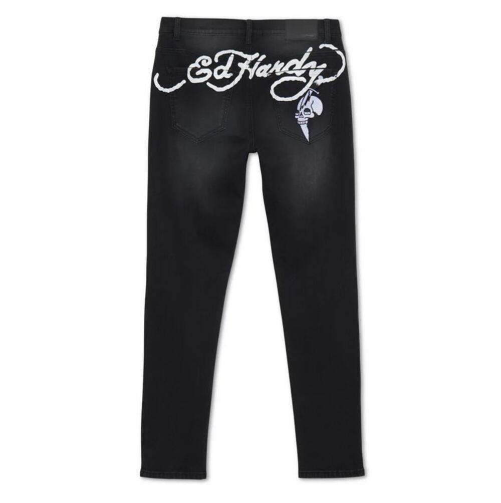 NWT Ed Hardy Dagger Skull Slim Skinny black faded jeans men's 34